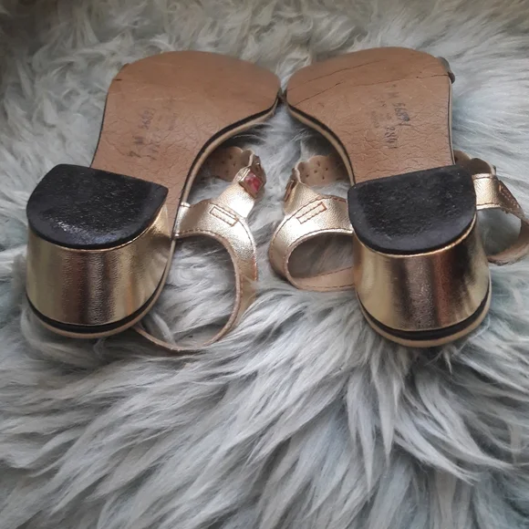 60s Vintage Mod Multi Colored JEWEL Studded Gold Lame Block Heel Sandals Size 7 - Picture 16 of 16